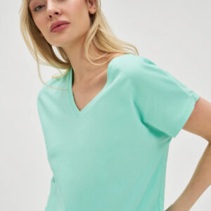 d2111be24fbabb66d06cdfecc39ead967f04a0a3 Bawełniany t-shirt z dekoltem w serek miętowy