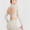 4F Longsleeve treningowy crop-top z wycięciem na plecach damski - beżowy