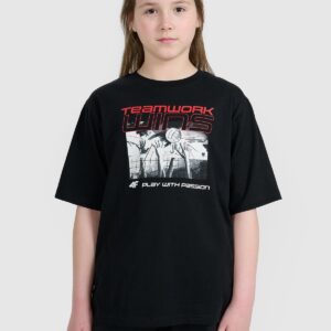 4F T-shirt oversize z nadrukiem dziecięcy - czarny 158/164 (12-14 lat)
