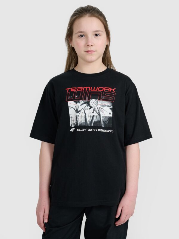 d503b0cfb7b85fbd41acde04f03846ca7c5328f3 4F T-shirt oversize z nadrukiem dziecięcy - czarny 158/164 (12-14 lat)