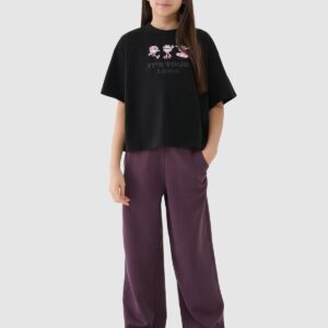 4F Crop top oversize z nadrukiem dziewczęcy - czarny 122 (6-7 lat)