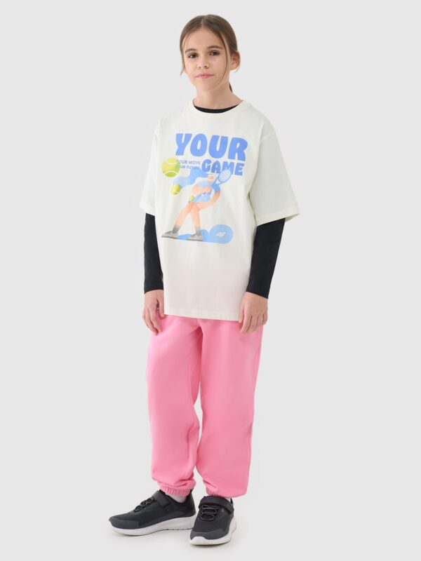 4F T-shirt oversize z nadrukiem dziewczęcy - biały 128 (7-8 lat)