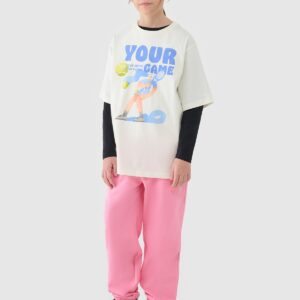 4F T-shirt oversize z nadrukiem dziewczęcy - biały 128 (7-8 lat)