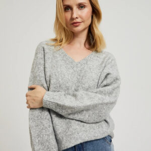 Gładki sweter z dekoltem w serek i ściągaczem szary