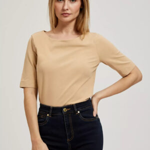 Gładka dopasowana bluzka z krótkimi rękawami beżowa