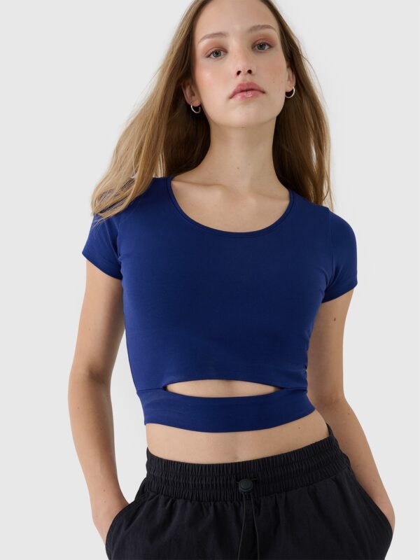 4F T-shirt crop top gładki damski - granatowy