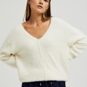 Sweter z dekoltem w serek i długimi rękawami ecru