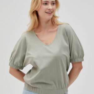 Bawełniana bluzka z bufiastymi rękawami oliwkowa