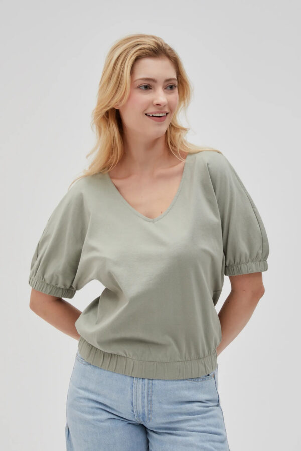 Bawełniana bluzka z bufiastymi rękawami oliwkowa