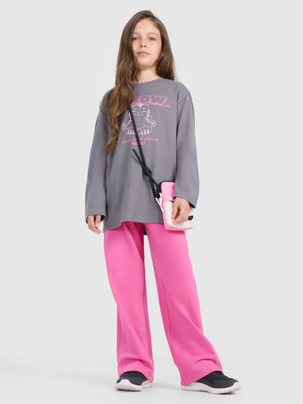 4F Longsleeve oversize z nadrukiem dziewczęcy - szary 122 (6-7 lat)