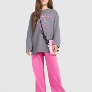 de0f4287d657ef62c9db4510abc0931f37a9a02d 4F Longsleeve oversize z nadrukiem dziewczęcy - szary 122 (6-7 lat)