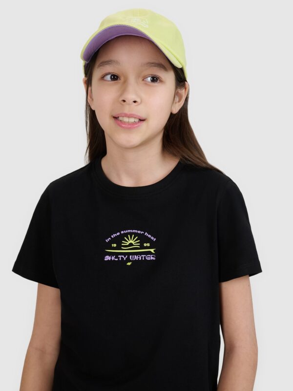 dfbf954b98ccae0b20cce89778738b70b8006c51 4F T-shirt regular z nadrukiem dziewczęcy - czarny 128 (7-8 lat)