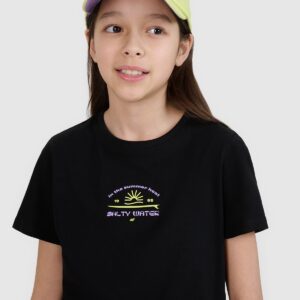 4F T-shirt regular z nadrukiem dziewczęcy - czarny 128 (7-8 lat)