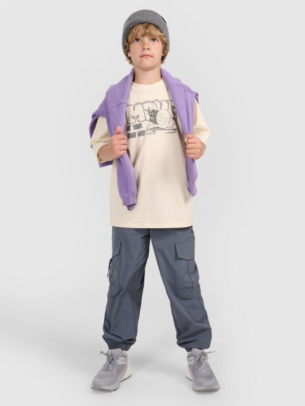 4F T-shirt oversize z nadrukiem chłopięcy - beżowy 128 (7-8 lat)