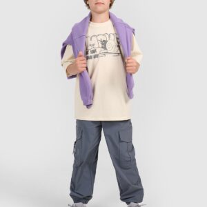 e2ff79c5f978f4a8e93fb1dceddddcd9cec6294b 4F T-shirt oversize z nadrukiem chłopięcy - beżowy 128 (7-8 lat)