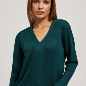 Dopasowany sweter z dekoltem w serek szmaragdowy
