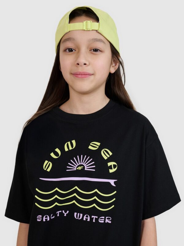 4F T-shirt oversize z nadrukiem dziewczęcy - czarny 140 (9-10 lat)