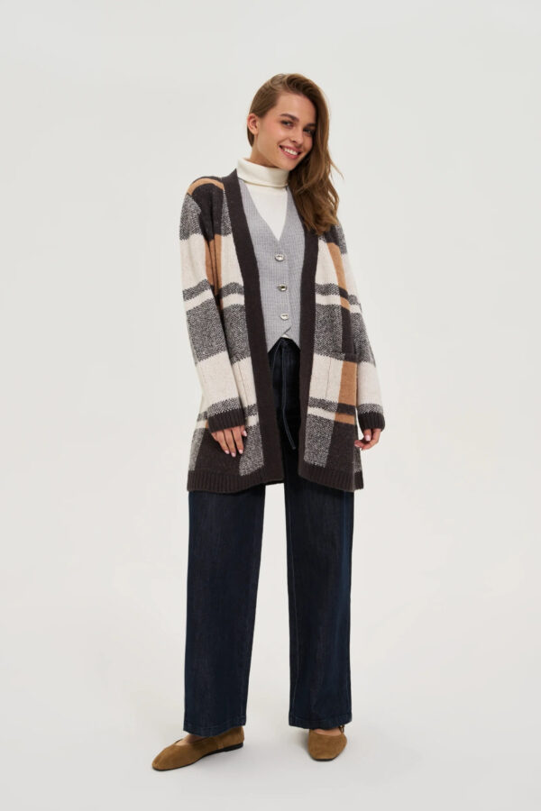 Kardigan w kratę beżowy