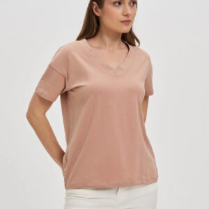 Bawełniany t-shirt z dekoltem w serek beżowy