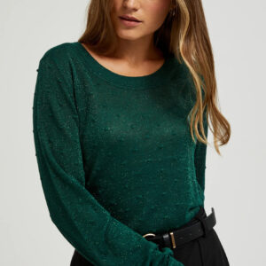 Sweter z długimi rękawami ozdobiony metaliczną nitką zielony