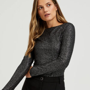 Błyszcząca bluzka z długimi rękawami czarna