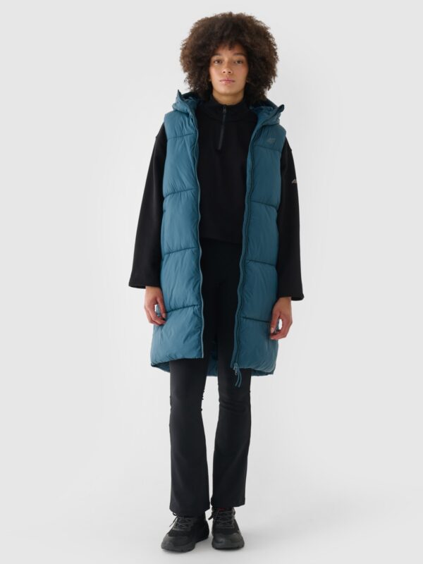 4F Długi bezrękawnik puchowy pikowany z kapturem damski - turkusowy