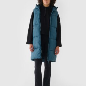 4F Długi bezrękawnik puchowy pikowany z kapturem damski - turkusowy