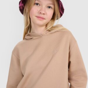 4F Bluza dresowa nierozpinana z kapturem dziewczęca - beżowa 146 (10-11 lat)
