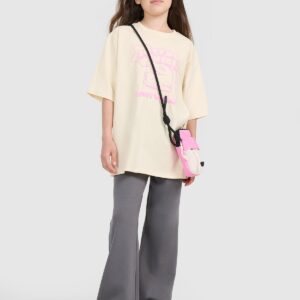 4F T-shirt oversize z nadrukiem dziewczęcy - beżowy 146 (10-11 lat)