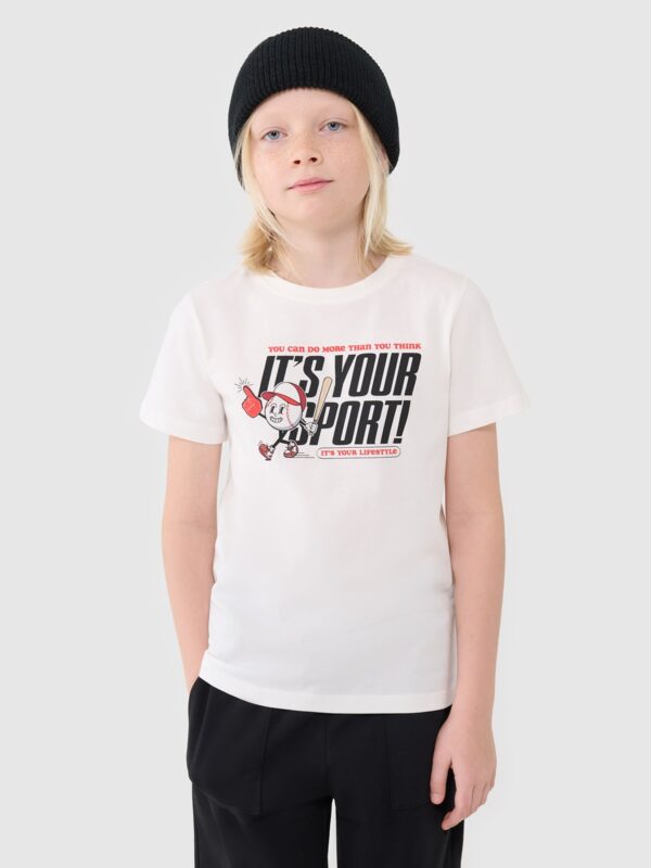 ffcd848e62e5597972633b4b620ee366acfcf27a 4F T-shirt regular z nadrukiem chłopięcy - biały 164 (13-14 lat)