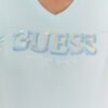 GUESS Błękitny t-shirt damski z metalicznym logo i cyrkoniami