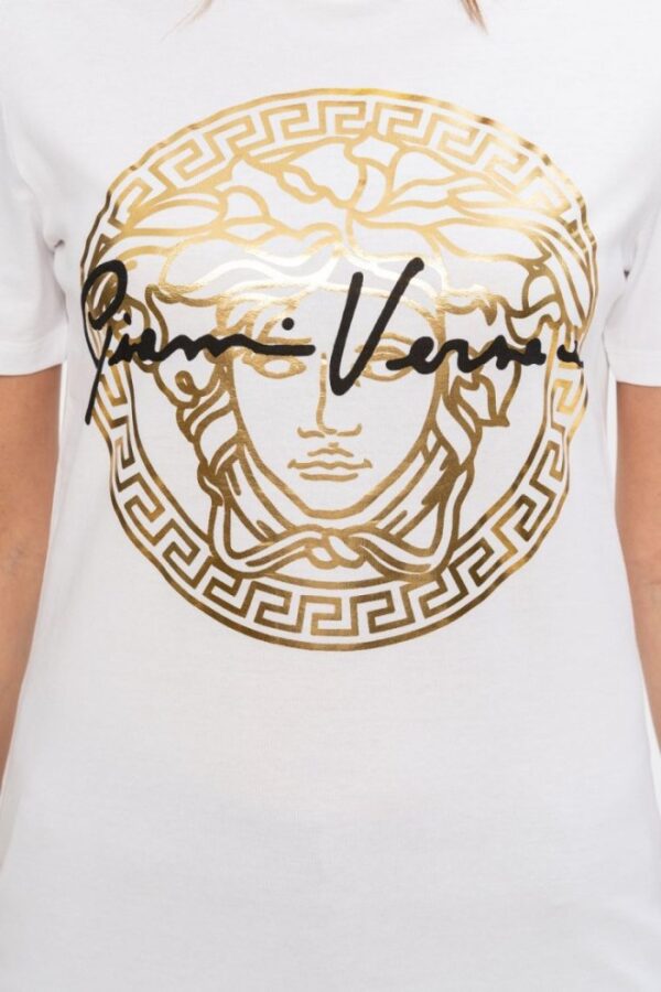 07c013cb37f94318c942f6cd37b0e7f8397744ff VERSACE Biały t-shirt damski ze złotą meduzą