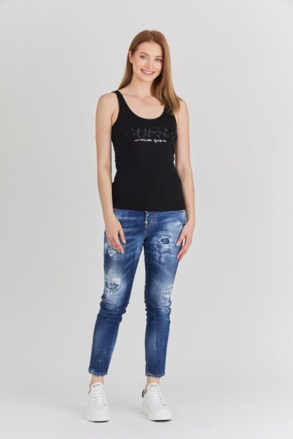 GUESS Czarny top damski z logo z koralików