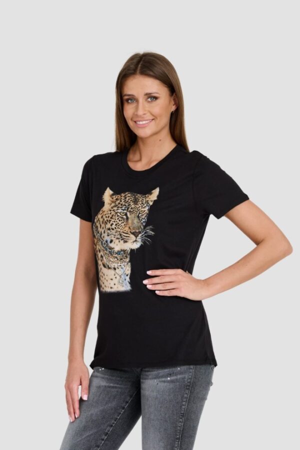 GUESS Czarny damski T-shirt Leopard Jewel Easy Tee
