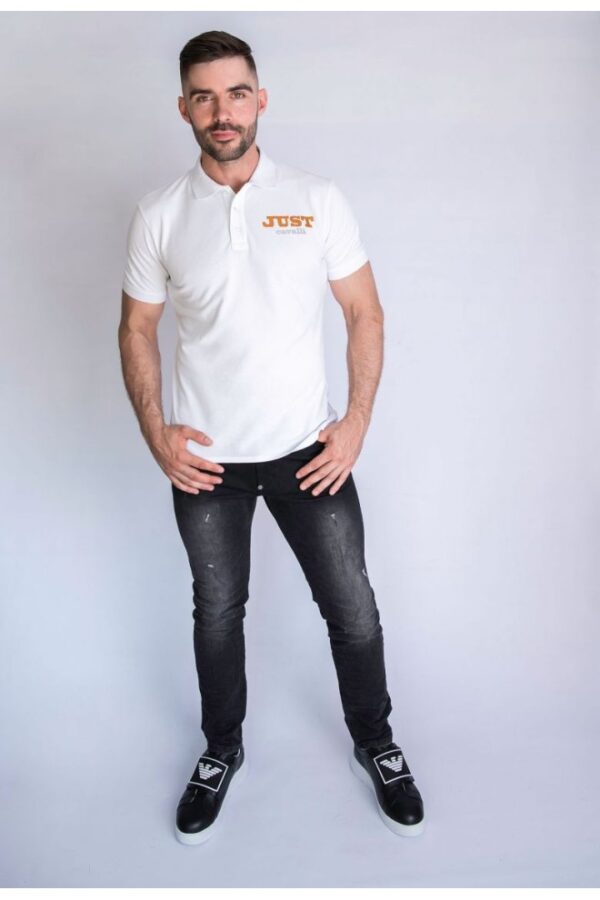 1b4139efca8d32e58f7257c1e5a3f0137dcb544c JUST CAVALLI Koszulka polo męska, biała złoto srebrne logo