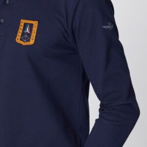 AERONAUTICA MILITARE Granatowe męskie polo z długim rękawem Piqué