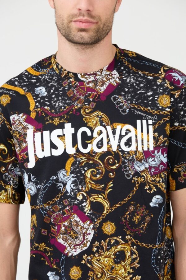 JUST CAVALLI Czarny męski T-shirt R Print Iconic Shields