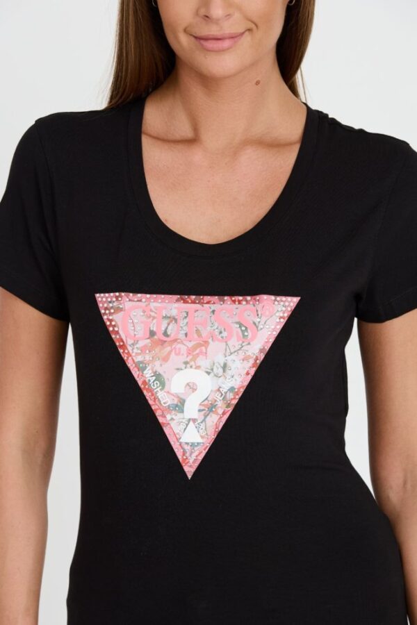 GUESS Czarny damski t-shirt Satin Triangle Tee