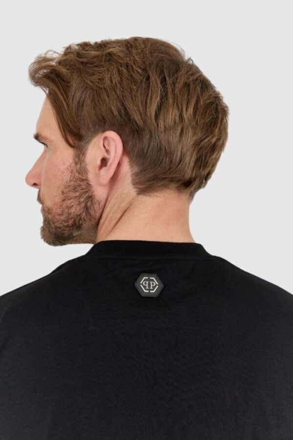 PHILIPP PLEIN Czarny męski t-shirt zdobiony dżetami z czaszką i logo