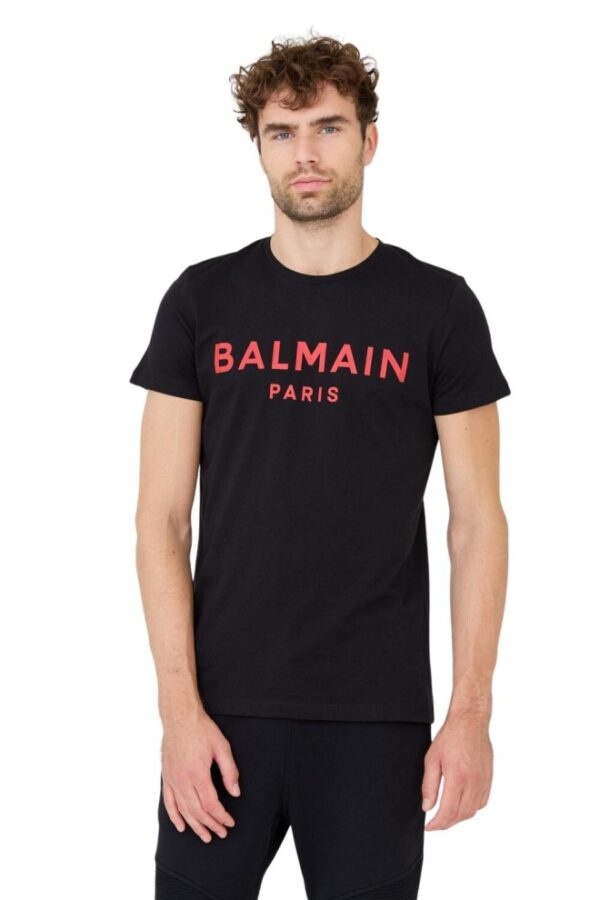 BALMAIN Czarny męski T-shirt z czerwonym logo