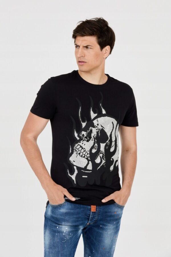PHILIPP PLEIN Męski t-shirt z czaszką w płomieniach