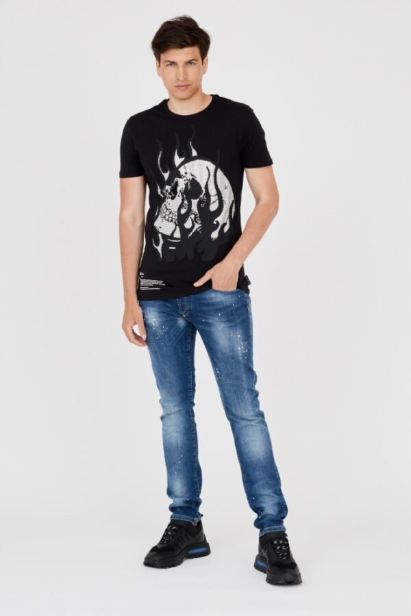PHILIPP PLEIN Męski t-shirt z czaszką w płomieniach