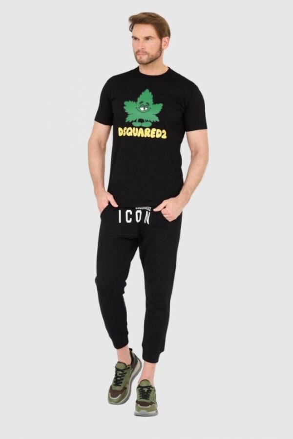 DSQUARED2 Czarny męski t-shirt z logo i zielonym liściem