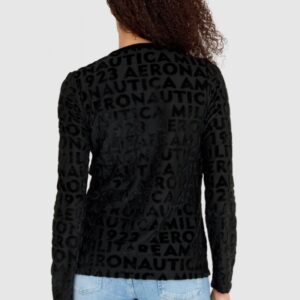 AERONAUTICA MILITARE Czarna welurowa bluza damska w wytłoczone logotypy