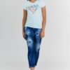 GUESS Błękitny t-shirt damski z logo z liśćmi i cyrkoniami