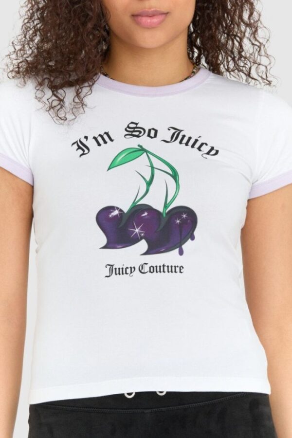 JUICY COUTURE Biały t-shirt damski z wisienkami slim