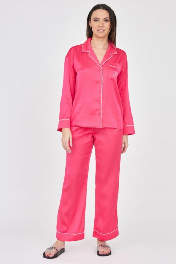 JUICY COUTURE Różowe satynowe spodnie piżamowe damskie z haftowanym logo