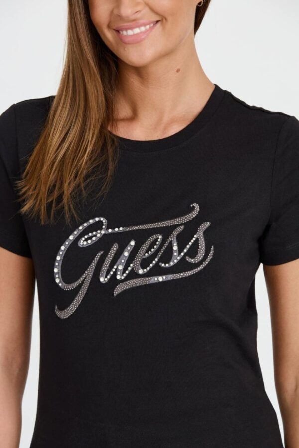 GUESS Czarny damski T-shirt bawełnany STONES&EMBRO TEE
