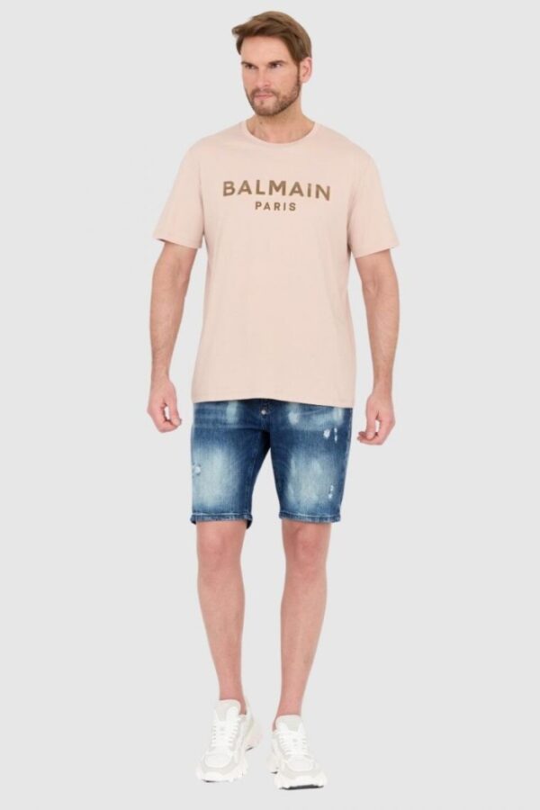 BALMAIN Beżowy męski t-shirt z aksamitnym logo flock and foil, Rozmiar 2