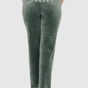 3f40f9cde57dbf9aea92e6a6cc8e1e0ea64a0f45 JUICY COUTURE Welurowe zielone spodnie dresowe damskie diamante bottoms